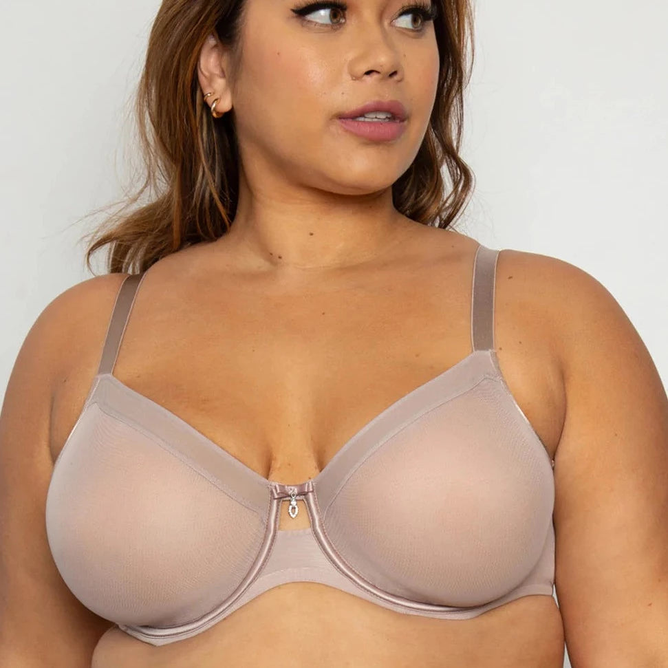 Curvy Couture Sheer Mesh Unlined Bra Curvy Couture 34DD BARK