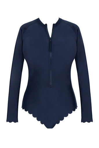 Panache Grace Signature Scallop Non Wired Long Sleeved Swimsuit Bra Fittings by Court S INK BLUE